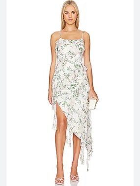 NWT SZ M MISA Los Angeles Florence White and Sage Floral Midi Dress